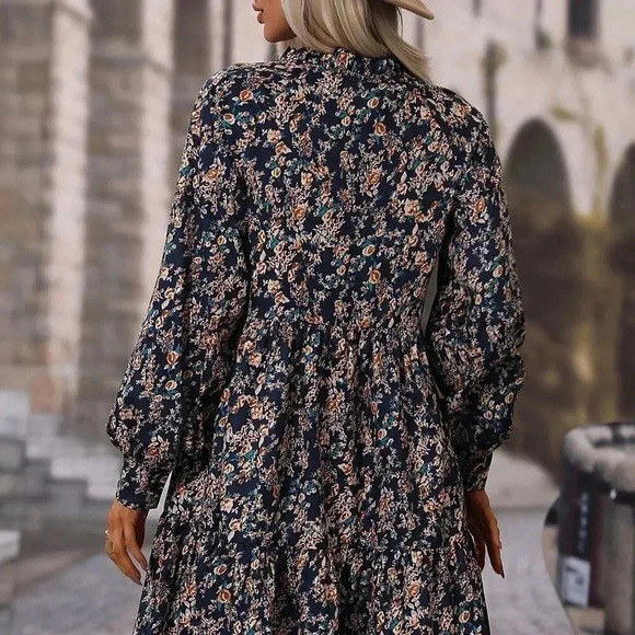 Multicolor Boho Women's Allover Floral Print Bishop Sleeve Ruffle Hem Dress - Picture 2 of 6